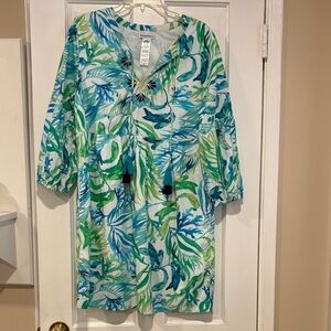 TOMMY BAHAMA tropical Salina Key Seas Fronds dress 3/4 Sleeve Blue Green M EUC